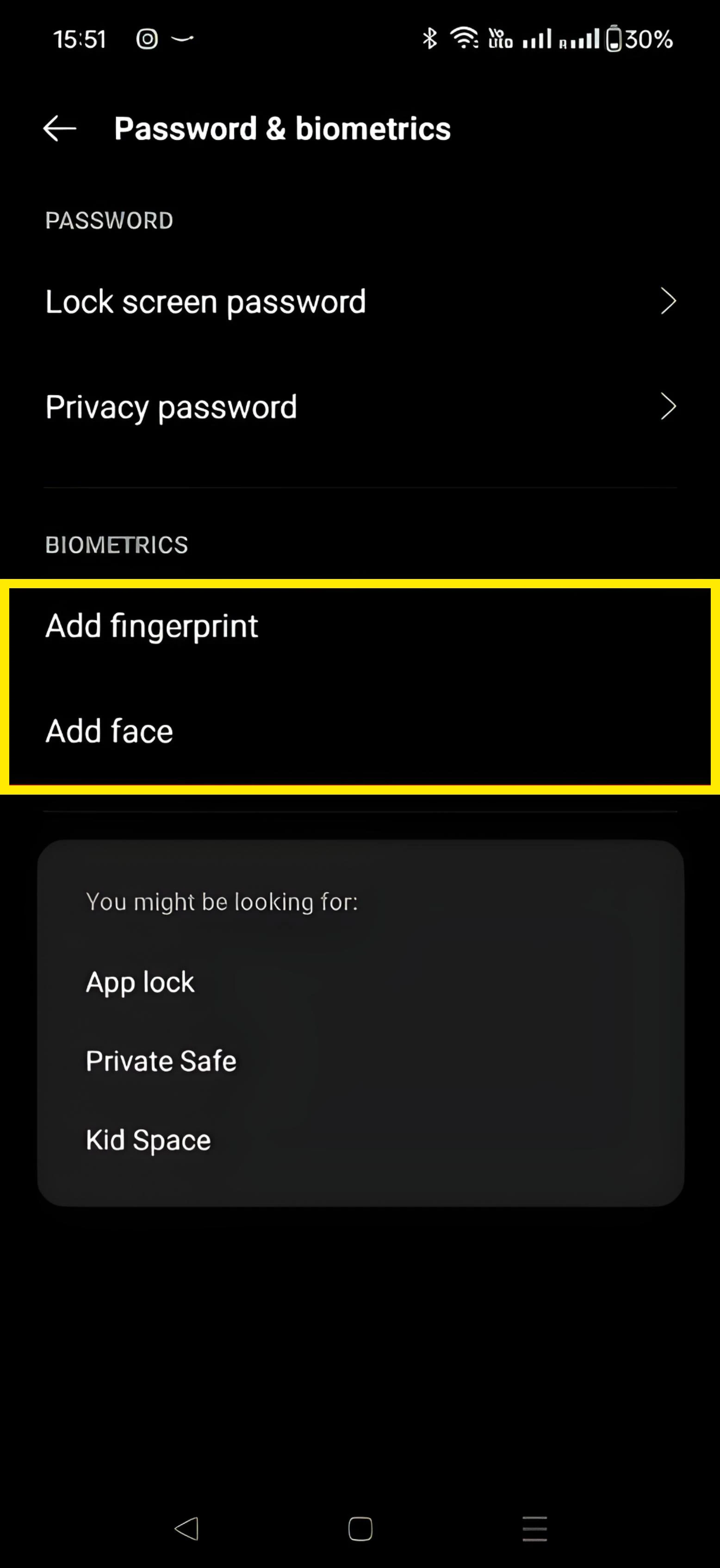 for Add fingerprint and/or Add face