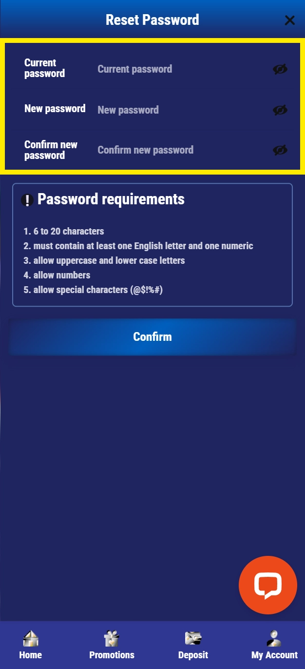 Input current password and new password.